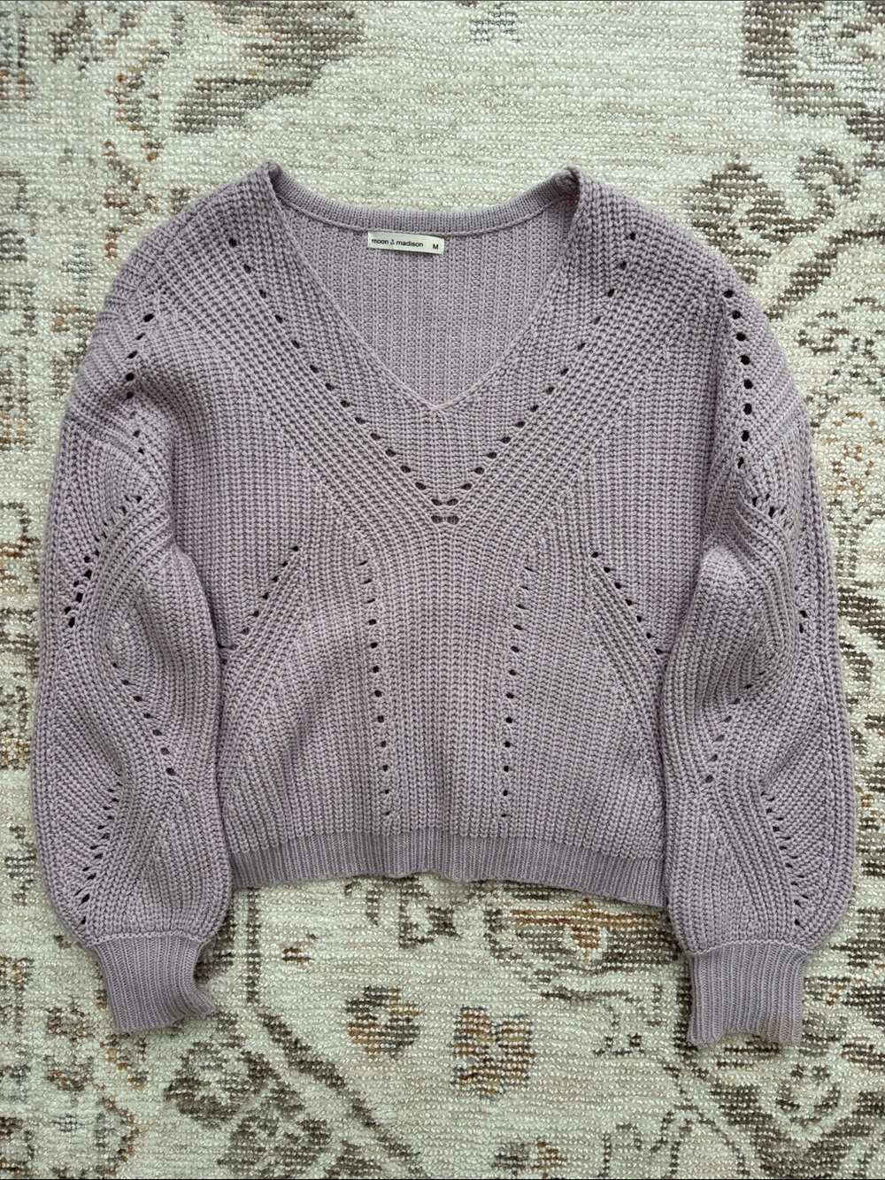 Lavender Open-Knit V-Neck Sweater